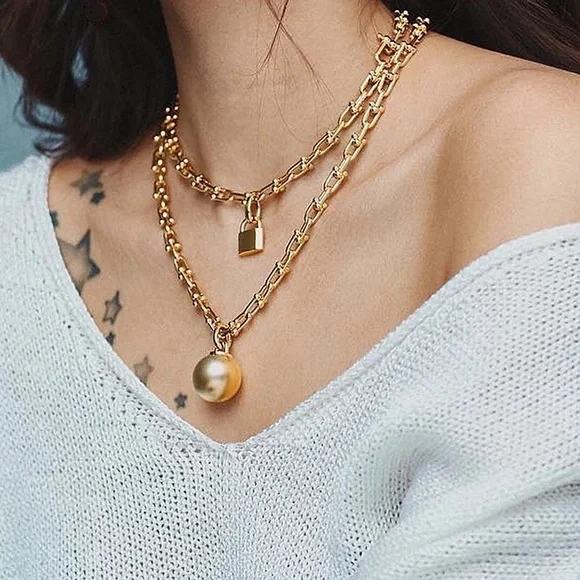 Zara Ball and Chain Matte Textured Gold Pendant Oval Circle Link Necklace Metal